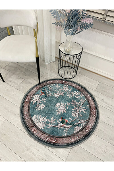 Brillant Soft Mavi Kuş Desenli Bordürlü Kaydırmaz Yuvarlak Halı