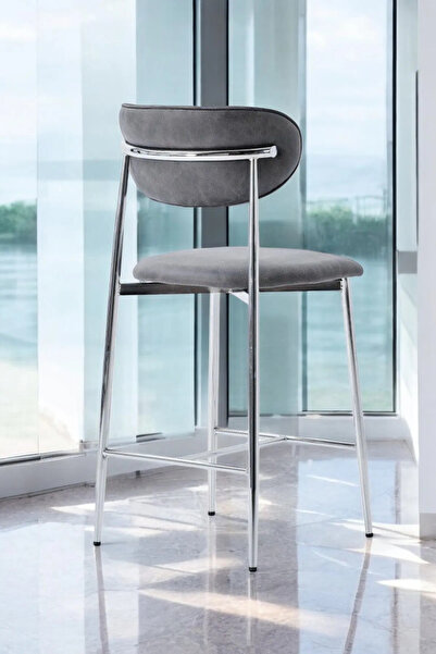 DENGEMA Laila 1 Adet 65 cm Ada Mutfak Bar Sandalyesi Gri Renkli Kumaş – Krom Metal Ayak