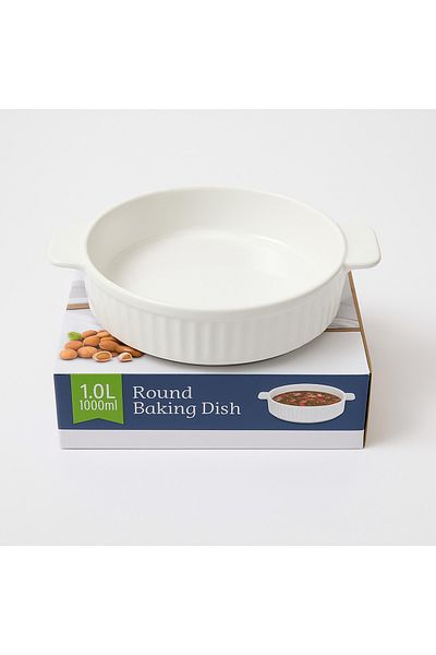 TSUMAB 1.0L Round White Ceramic Baking Dish with Handles – Oven Safe Cookware