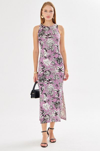 armonika Rochie lungă pentru femei Dusty Rose, cu decolteu O, fără mâneci, cu fantă ARM-23Y001090