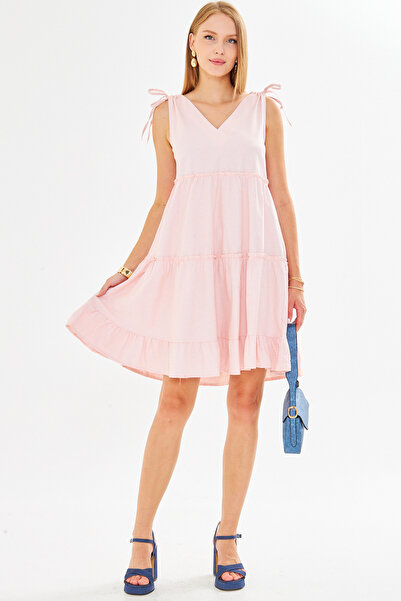 armonika Women's Orange V Neck Ruffle Sleeveless Shoulder Tie Dress Arm-25Y001061