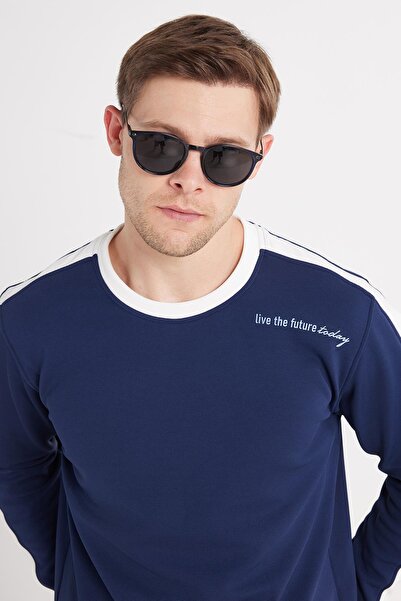 Tudors Чоловічий стандартний крій, бавовняний жакардовий светр з коміром-стійкою, синій, з принтом