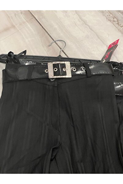 MODA Siyah , Çizgili , Kemerli Kumaş Pantolon - Çocuk