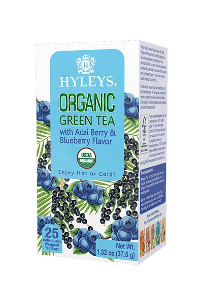 HYLEYS شاي أخضر بنكهة توت الآساي والتوت الأزرق 25 كيس Organic Green Tea Acai Berry Blueberry
