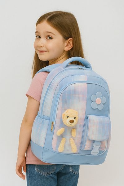 NEMO BAGS Geantă pentru școală primară cu ursuleț albastru, cu cutie de prânz și trusa de creion, rucsac durabil, 40x28cm