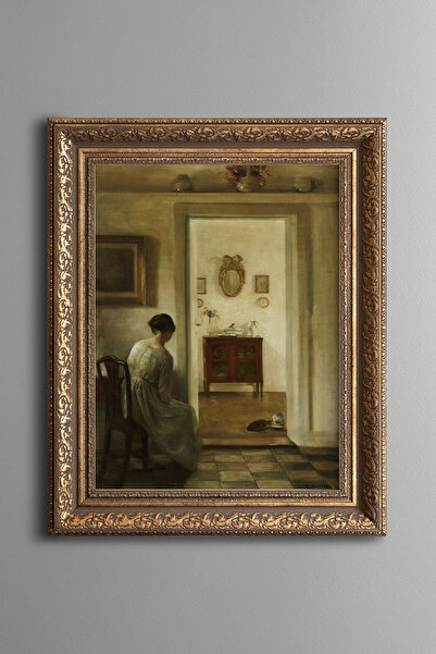 epiqart Kadın ve Süt İçen Kediler - Vintage Desenli Çerçeve