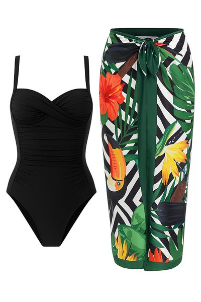 Paragon Adjustable Strap, Stylish and Slimming Effective Gathering Draped Swimsuit Pareo Set of 2