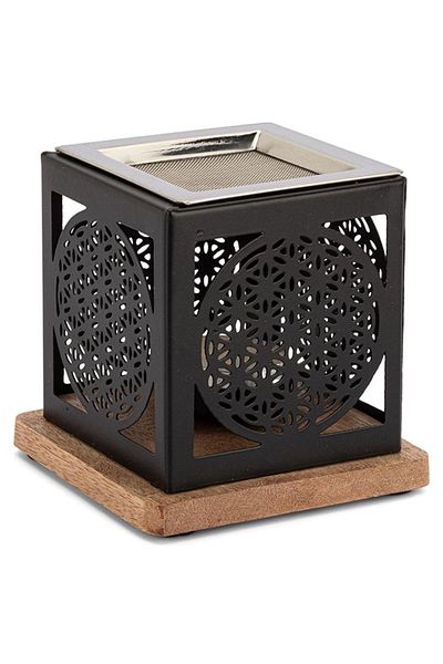 OEM Arzator tamaie, Difuzor aromaterapie, Floarea Vietii, Lemn si Metal, Negru, 9 x 9 cm