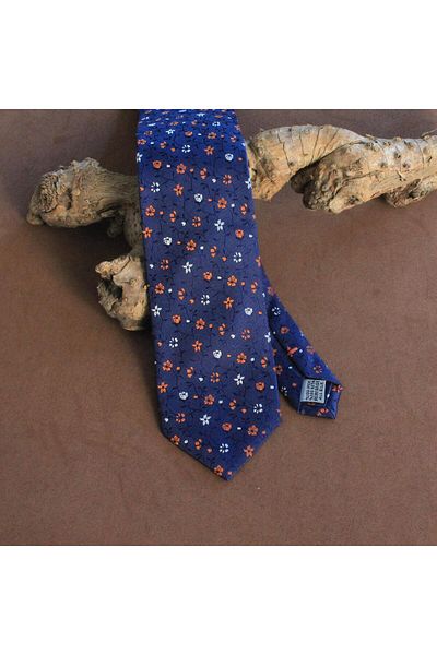 COOLMENCLUB Floral Patterned Navy Blue Silk Tie