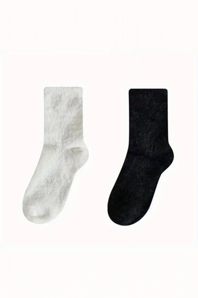 Hitit Socks Women's 2 Pairs Plush Winter Thermal Sleeping Socks Black White