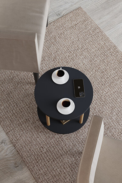 interGO Round Wooden Leg Zigon Coffee Table Center Table Coffee Table