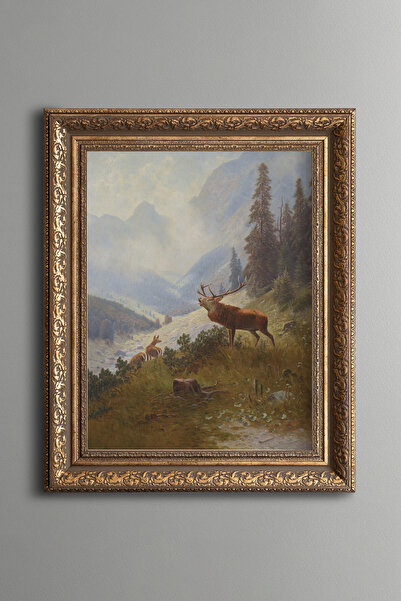 epiqart Dağlarda Kükreyen Geyik - Vintage Desenli Çerçeve