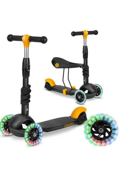Ricokids Cubi 3 in 1 scooter for children Black/Yellow with seat, wheels with LED lights, front platform
