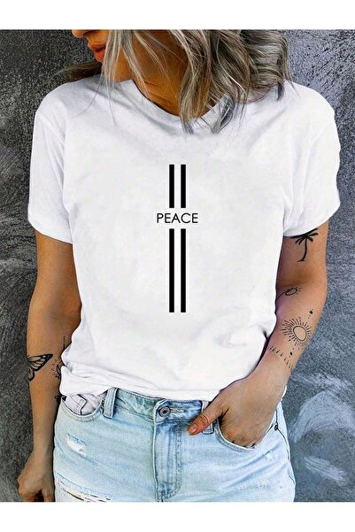 Lider Leather Tricou alb cu imprimeu Peace pentru femei