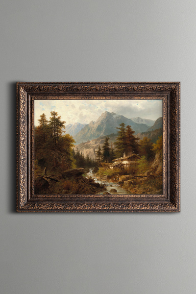 epiqart Bir Derede Balıkçıyla Dağ Manzarası - Vintage Desenli Çerçeve
