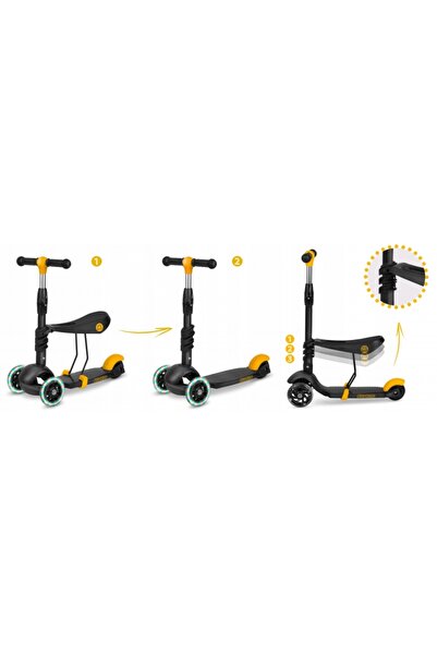 Ricokids Cubi 3 in 1 scooter for children Black/Yellow with seat, wheels with LED lights, front platform