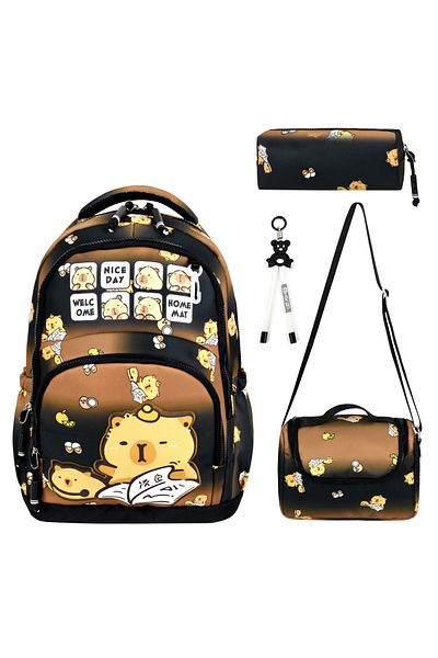 BGT BEGATİ Capybara Teddy Bear Patterned Triple Children's Primary School Bag Special Fabric (Bag.Thermal Lunch.Pencil Holder)