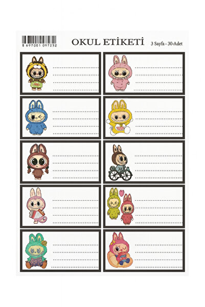 UĞURDAN Labubu Okul Etiketi 3 Sayfa 30 Adet – Defter ve Kitap Etiketi