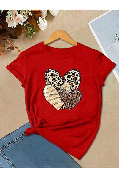 Lider Leather Дамска тениска със среден размер, с леопардов принт и три сърца