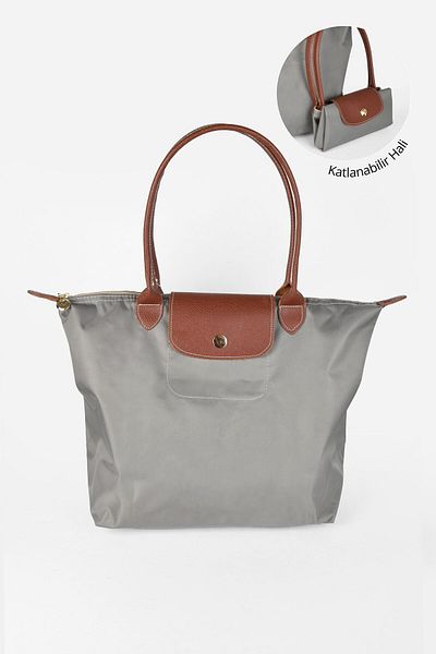 birizmoda Women's Leather Handle Foldable Large Size Shopper Hand and Shoulder Bag - Smoked-Tan