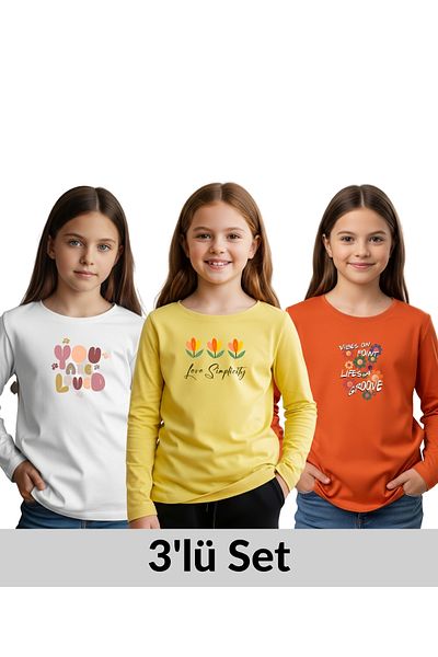 FYK KİDS 3-Piece Round Neck Printed Detail Girl's Sweatshirt