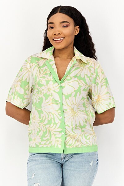 SANDRO WomenNotched Collar Floral Print Short Sleeves Shirt, Multicolor