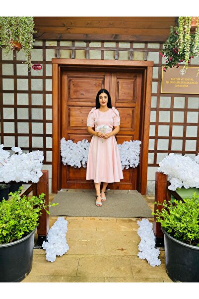 DINA FASHION ALİN KLOŞ SATEN KISA KOLLU ABİYE ELBİSE