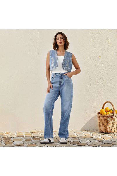 Lee Cooper جاكيت جينز قصير بدون أكمام مطرز