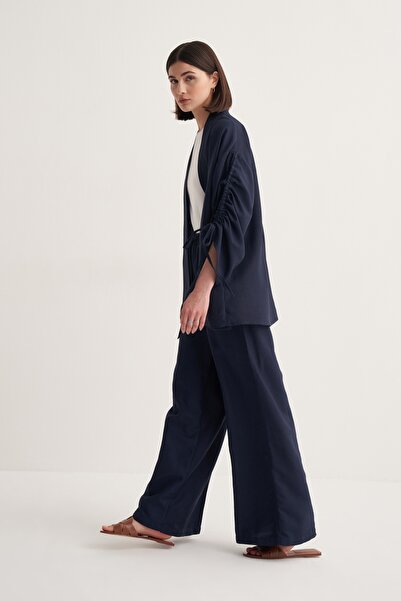 EBU Prive Women's Cupra Draped Cotton Drawstring Detailed Kimono Trousers Suit Navy Blue