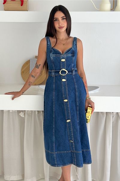 FEMELLE Rochie din denim cu curea cu cataramă aurie – rochie midi din jeans cu decolteu în V, nasturi și buzunare