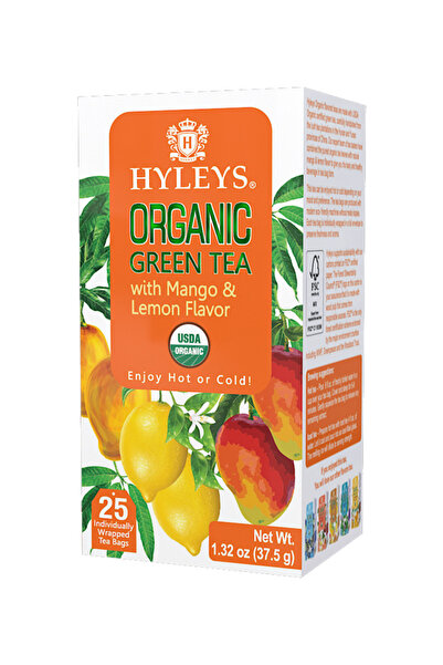 HYLEYS شاي اخضر عصوي بنكهة المانجو و الليمون 25 كيس Organic Green Tea Mango & Lemon Flavor 25 Bags