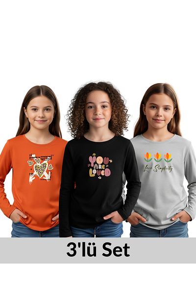 FYK KİDS 3-Piece Round Neck Printed Detail Girl's Sweatshirt