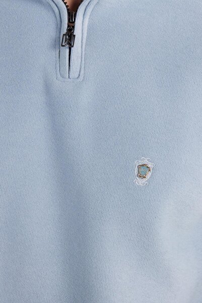 Tudors Hanorac pentru bărbați, slim fit, subțire, din bumbac, din țesătură din Salanik, cu jumătate de fermoar, cu gât vertical albastru