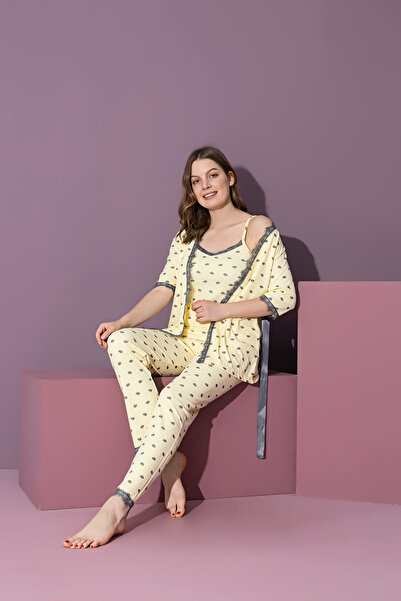 rindahomewear KADIN FİTİLLİ 3 PARÇA SABAHLIK SET PİJAMA TAKIMI