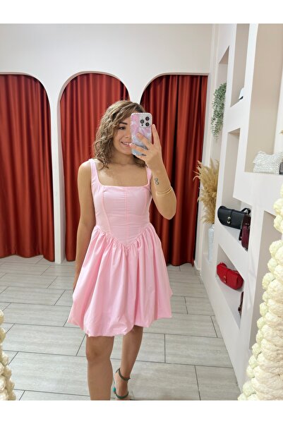 ebruemenbutik Balon Etekli Pembe Kadın Elbise