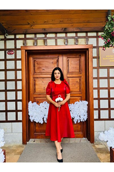 DINA FASHION ALİN KLOŞ SATEN KISA KOLLU ABİYE ELBİSE