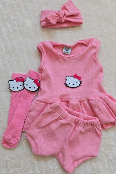 Al Ver Gülüm Pembe Ribana Bebek-Çocuk Şort Bluz Bandana Keçeli Çorap Set 6-36 AY