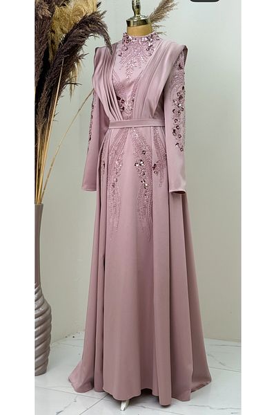 Surikka Draped Front Sweep Train Bead Embroidered Miranda Evening Dress