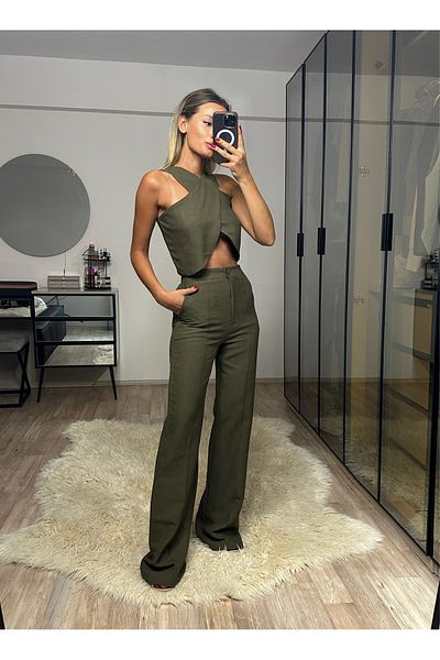 NET OF NOT Edna Khaki Bamboo Linen Asymmetrical Blouse Pants Set