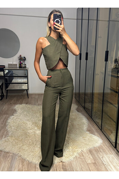 NET OF NOT Edna Haki Bambu Keten Asimetrik Bluz Pantolon Takım