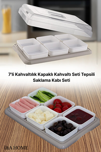 İ&A HOME مجموعة من 6 أطباق إفطار بيج مع غطاء وصينية تخزين