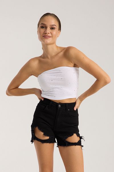 3 ROPE Women's Glitter Stone Strapless Crop Blouse