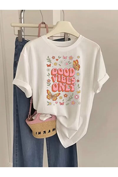 FUFLUNS تي شيرت برقبة دائرية كبيرة الحجم مطبوع من GOOD VIBES ONLY