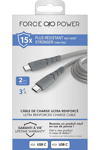 Force كابل USB C/USB C فائق التعزيز 2 متر 3 أمبير رمادي