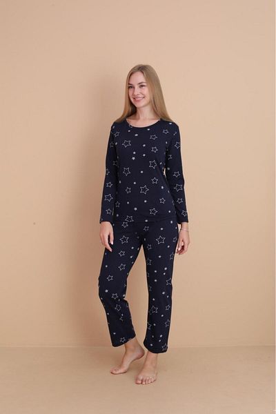 STELLAPİNK Women's Navy Blue Star Patterned Long Sleeve Pajama Set