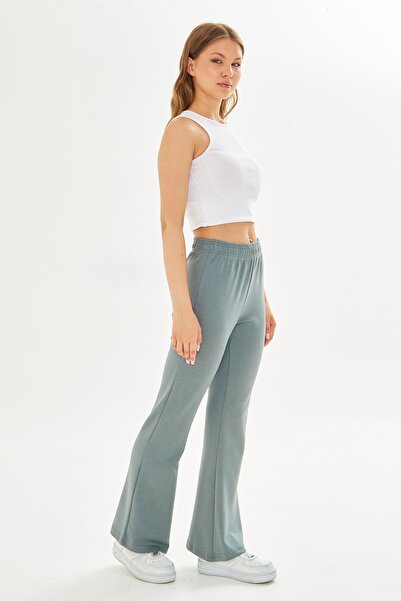 TRENDHİLL Women's Modal Fabric High Waist Wide Leg Sweatpants Green 8102-Y