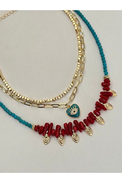 mibrillo üçlü kolye ( mavi mineli göz kolye , gold küp kolye ve kırmızı merca...