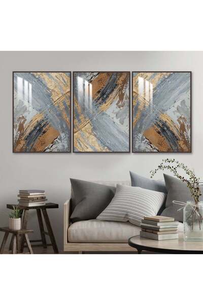 Marktna ثلاث لوحات جدارية خشبية ببتصميم تجريدي مع برواز خشبي بني و طبقة من الاكريلك الشفاف
