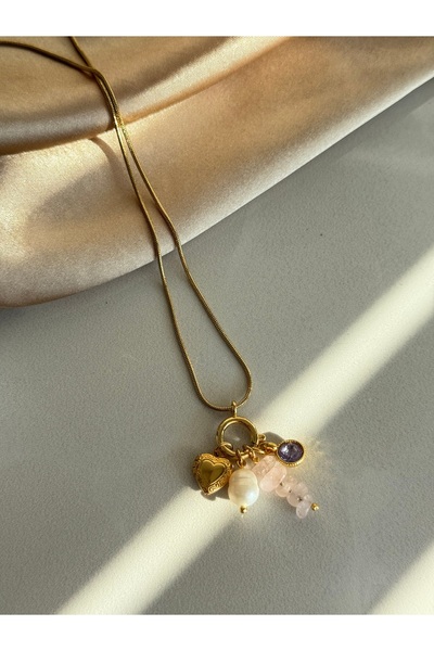 Nour Co Pink Quartz Pearl Charm Steel Necklace