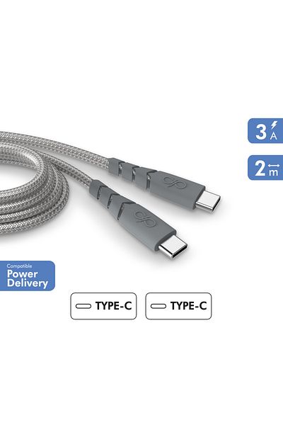 Force كابل USB C/USB C فائق التعزيز 2 متر 3 أمبير رمادي